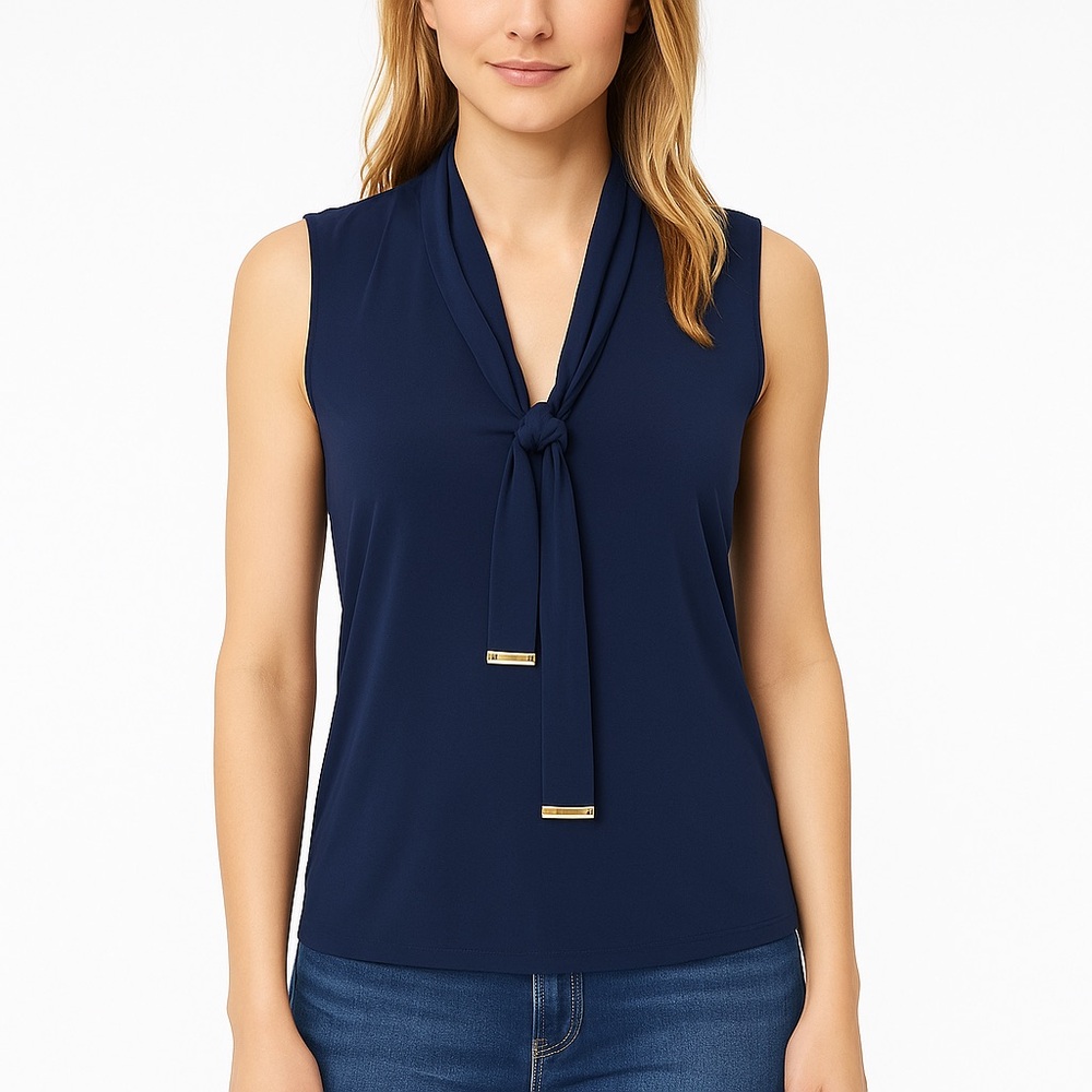 Michael Kors Navy Tie-Neck Sleeveless Blouse Size L